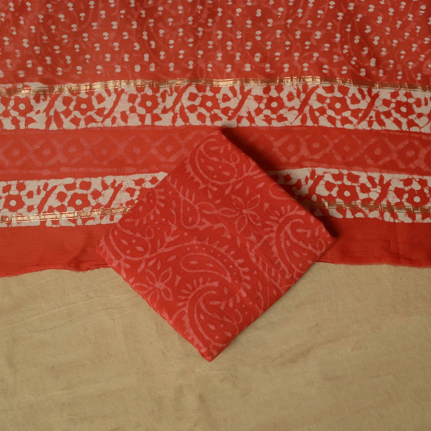 Hand block batik print chanderi silk 3pc unstitched dress