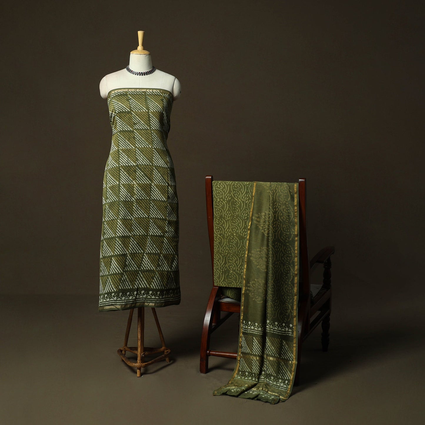 Hand block batik print chanderi silk 3pc unstitched dress