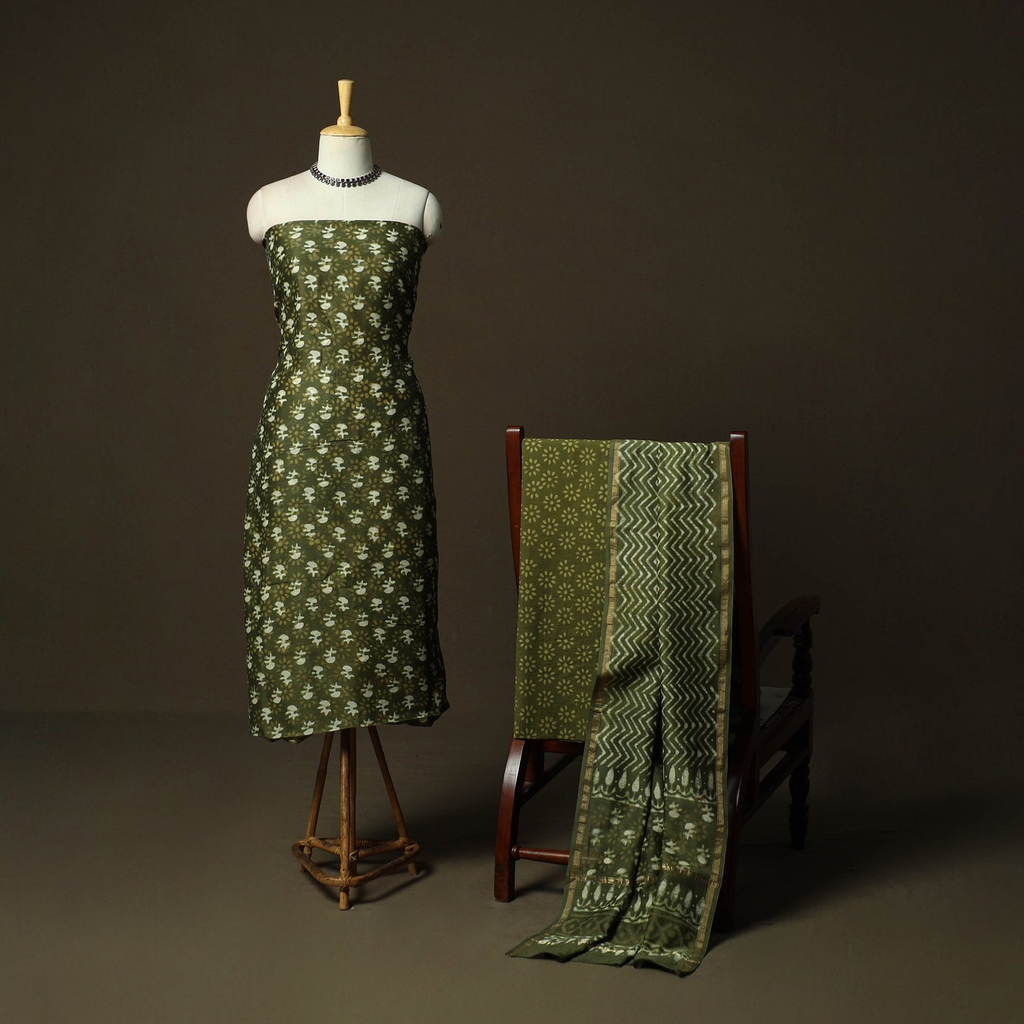 Hand block batik print chanderi silk 3pc unstitched dress