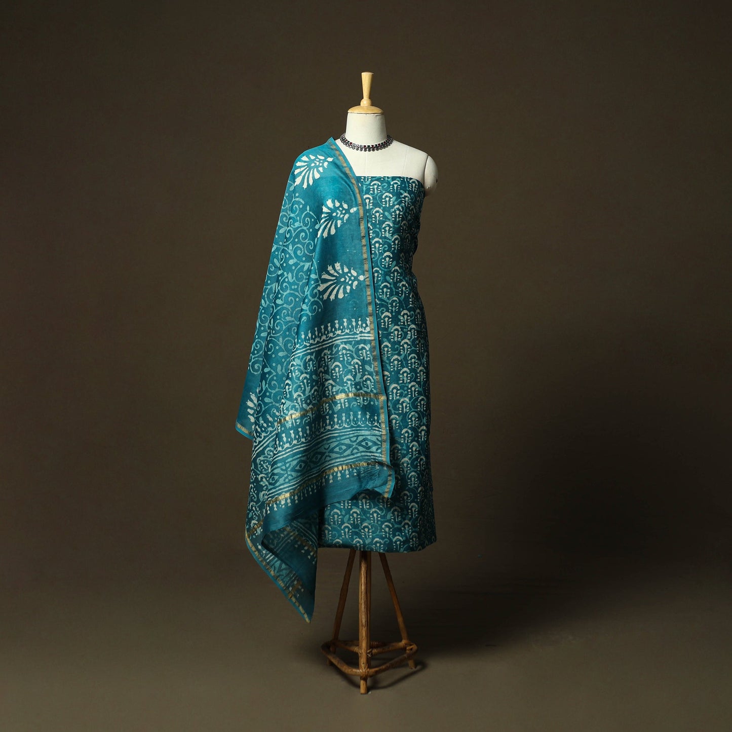 Hand block batik print chanderi silk 3pc unstitched dress