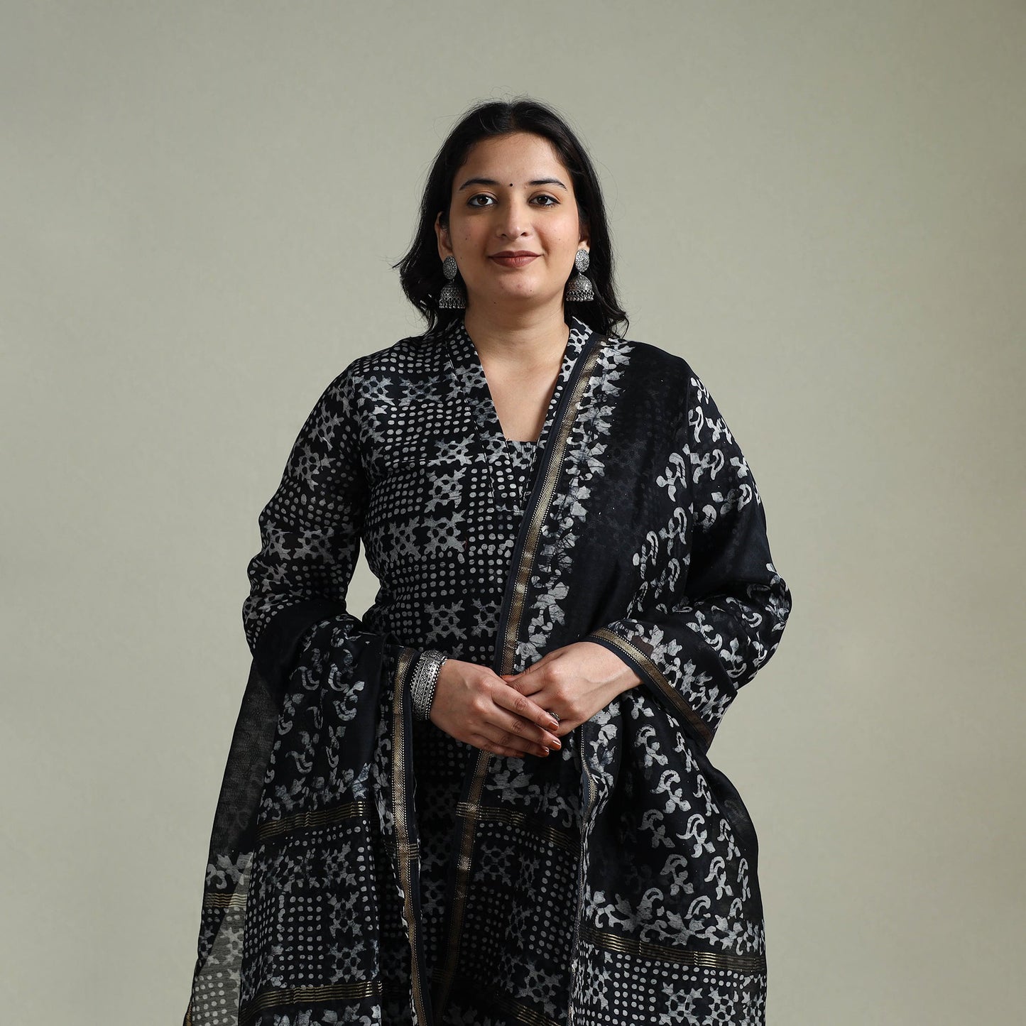 Hand block batik print chanderi silk suit set with dupatta