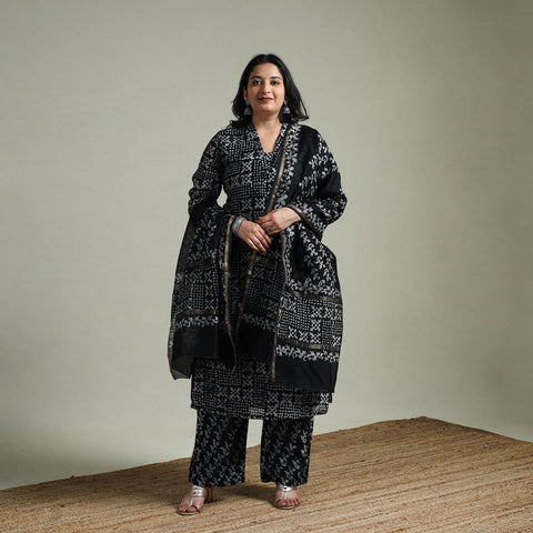 Hand block batik print chanderi silk suit set with dupatta
