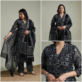 Hand block batik print chanderi silk suit set with dupatta
