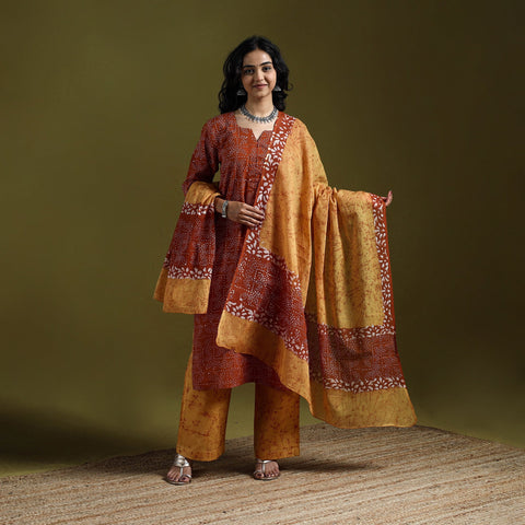 Hand block batik print cotton suit set with dupatta