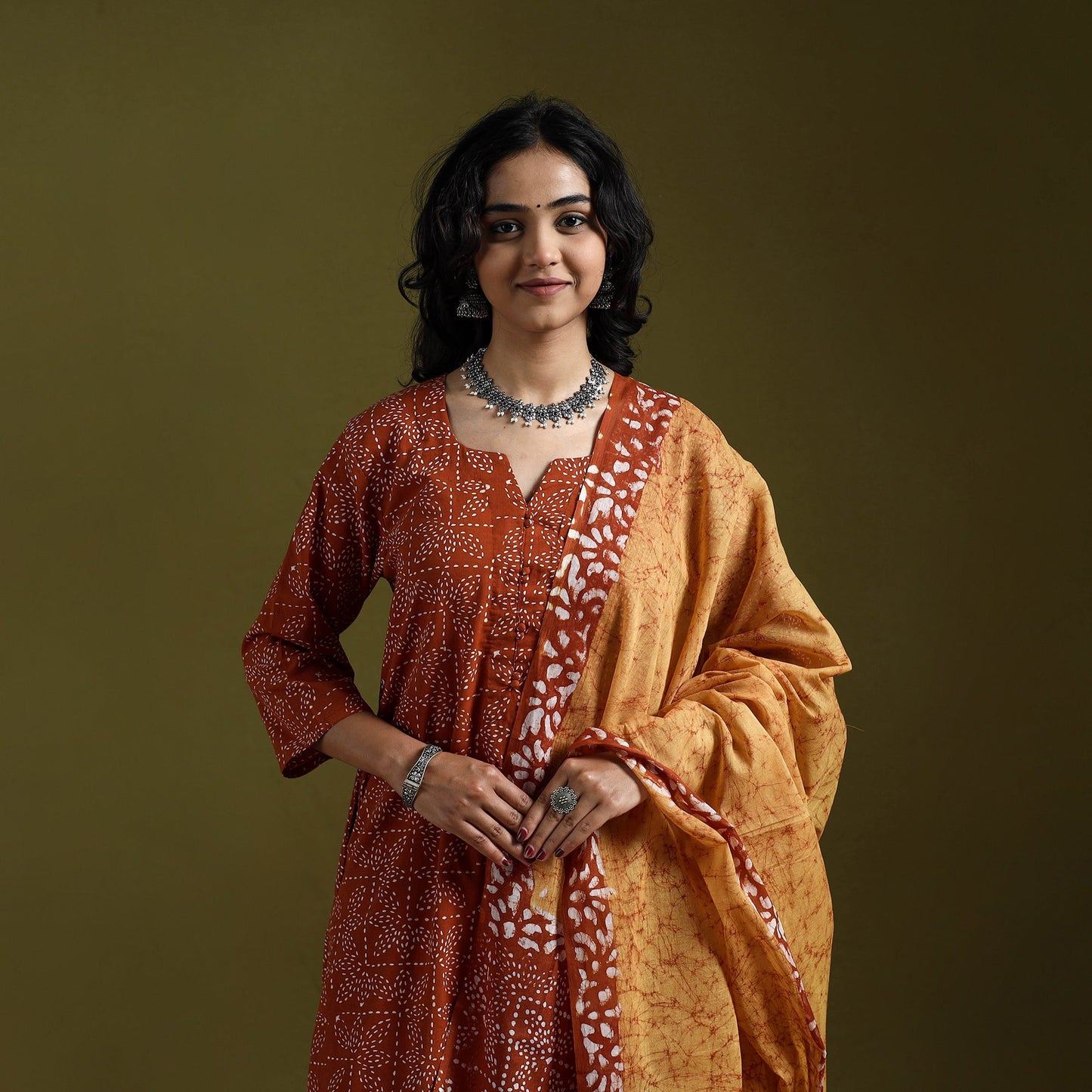 Hand block batik print cotton suit set with dupatta