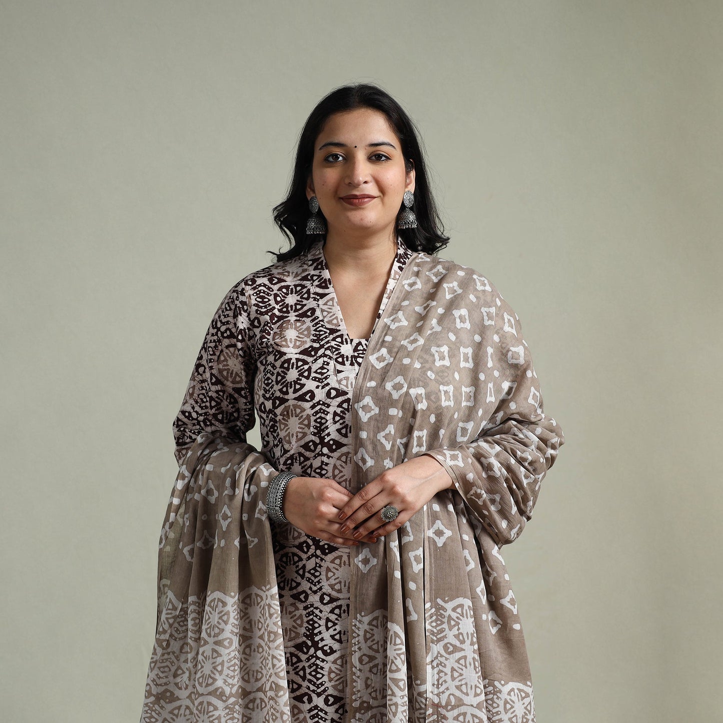 Hand block batik print cotton suit set with dupatta