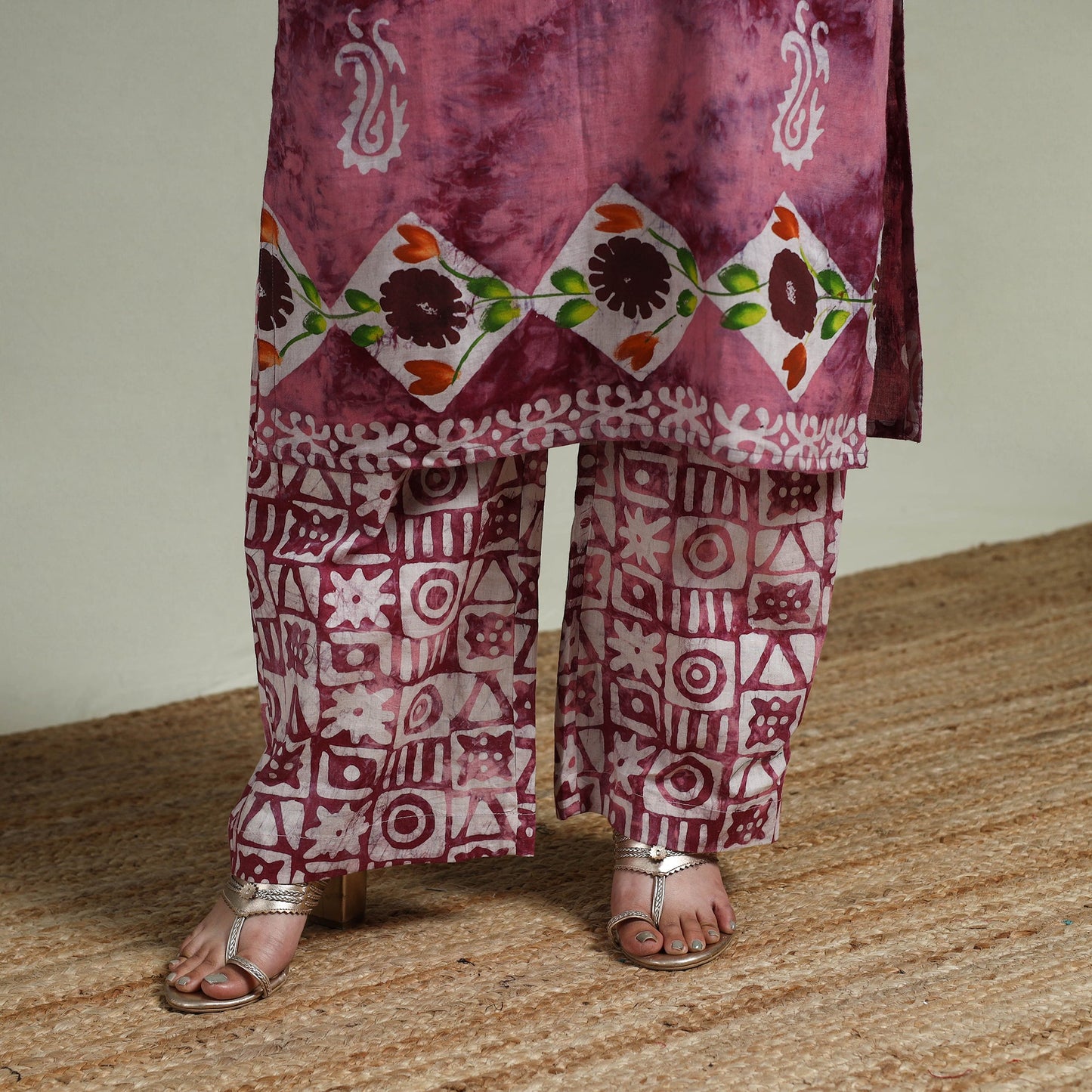 Hand block batik print cotton suit set with dupatta