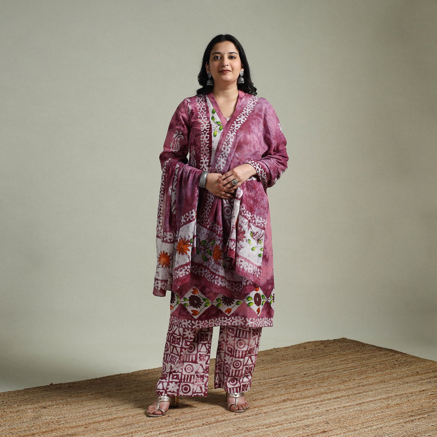Hand block batik print cotton suit set with dupatta