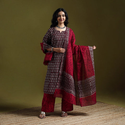 Hand block batik print cotton suit set with dupatta