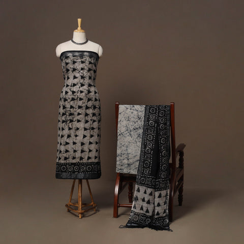 Hand block batik print linen 3pc unstitched dress material
