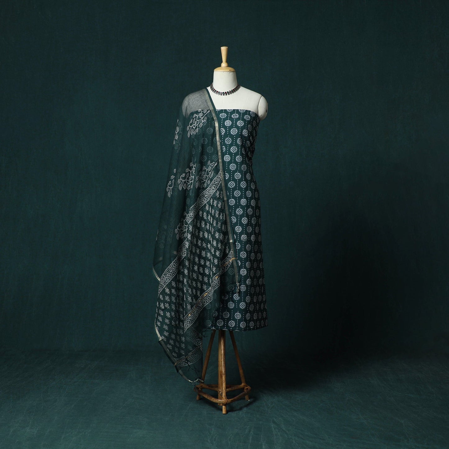 Hand block jaipur print cotton 3pc unstitched dress