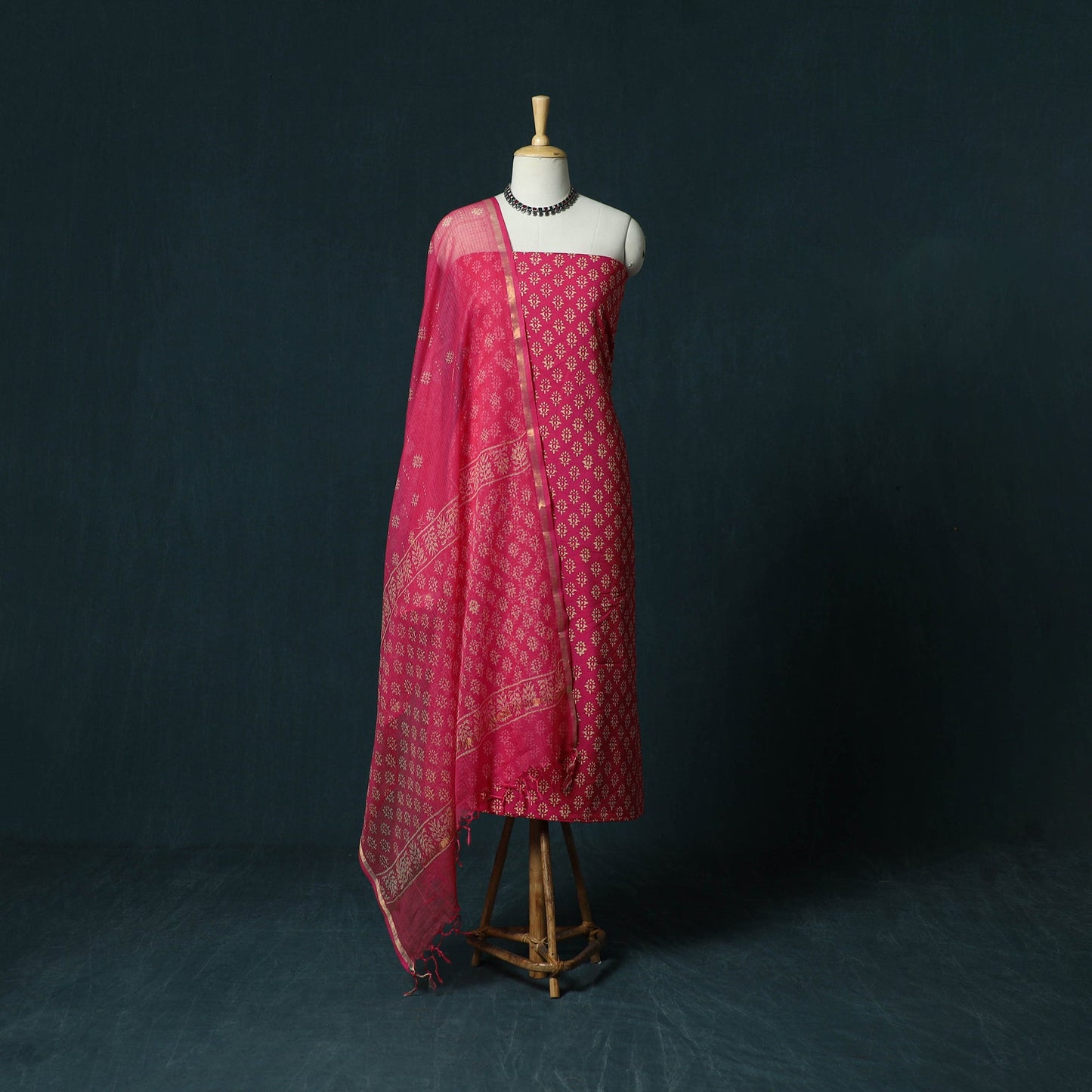 Hand block jaipur print cotton 3pc unstitched dress