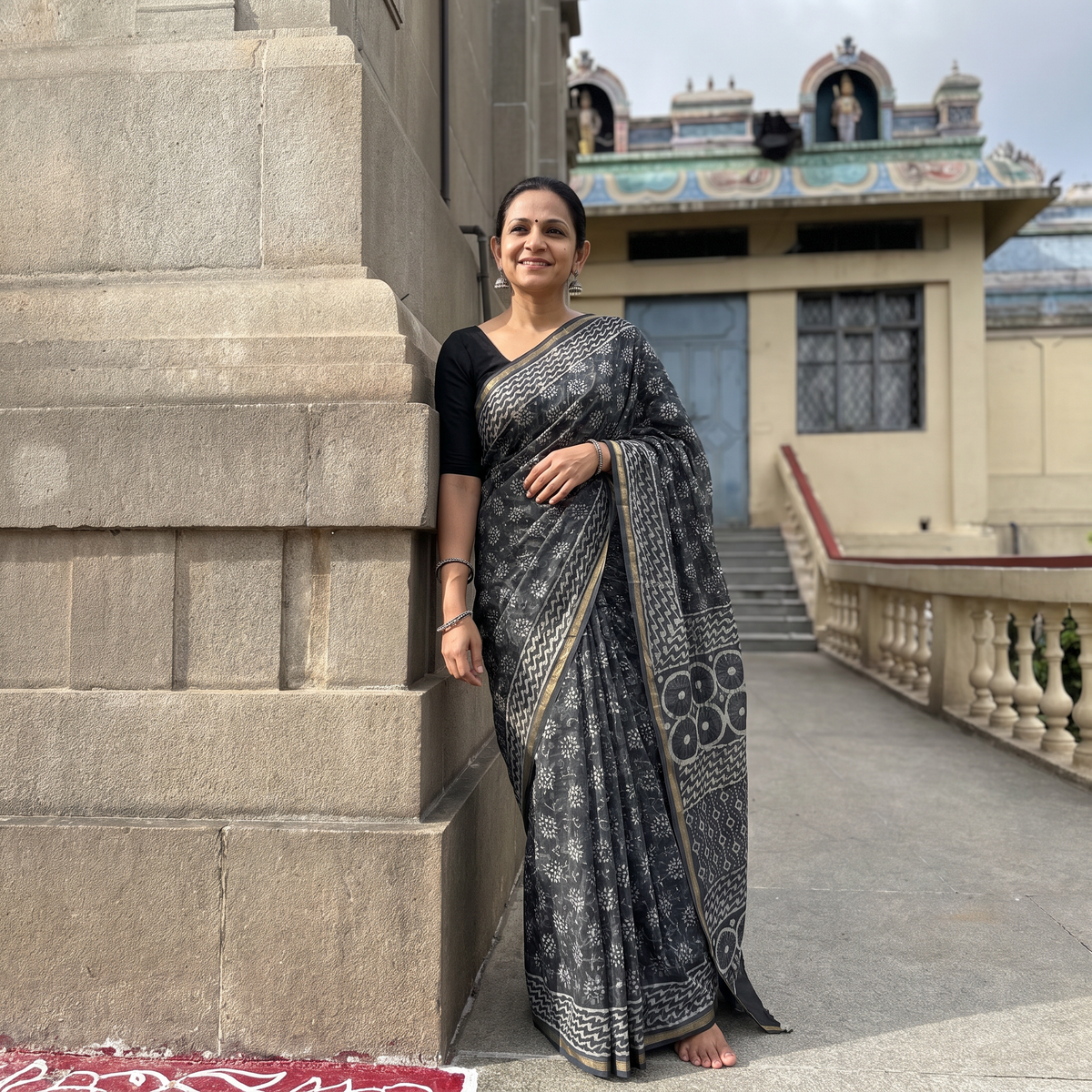Grey Hand Block Print Chanderi Silk Bagru Saree with Zari Border, draped and worn by a woman, AI visual of the saree, iTokri