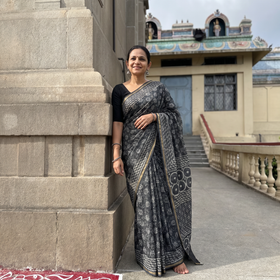Grey Hand Block Print Chanderi Silk Bagru Saree with Zari Border, draped and worn by a woman, AI visual of the saree, iTokri