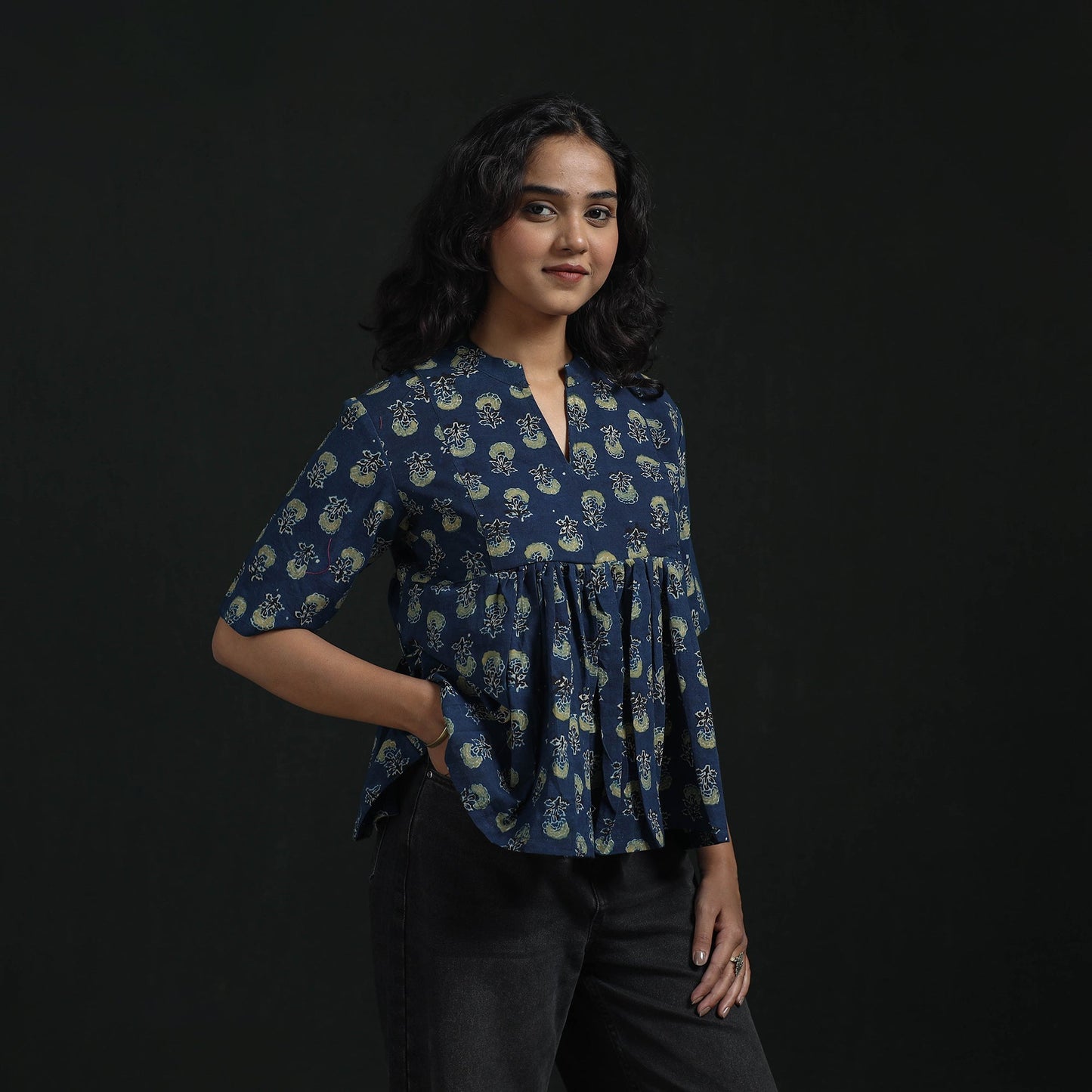 Hand block print cotton natural dyed ajrakh crop top 03