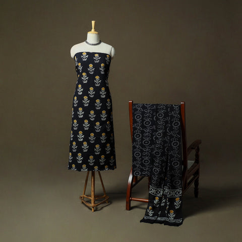 Hand block print cotton sanganeri 3pc unstitched dress