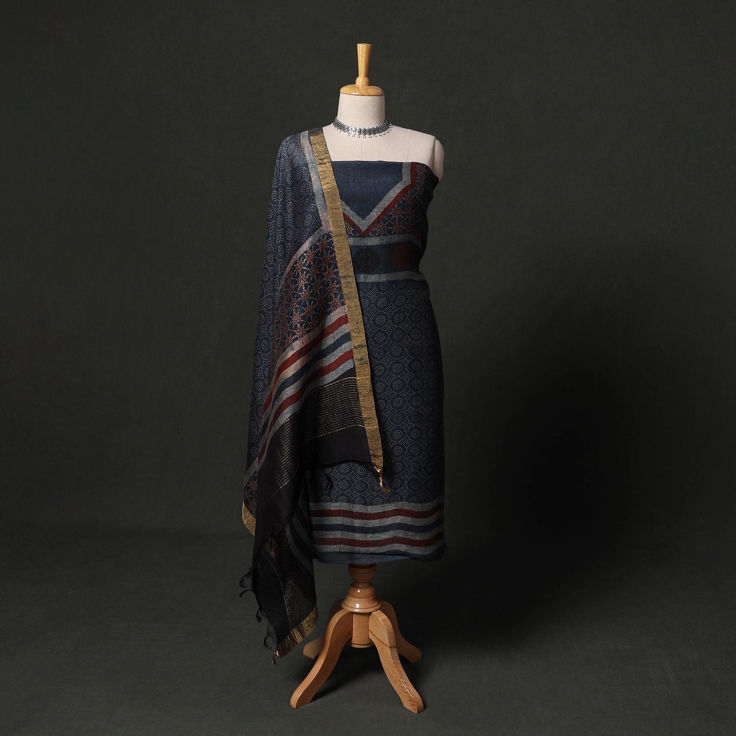 Hand block print linen silk natural dyed ajrakh 2pc