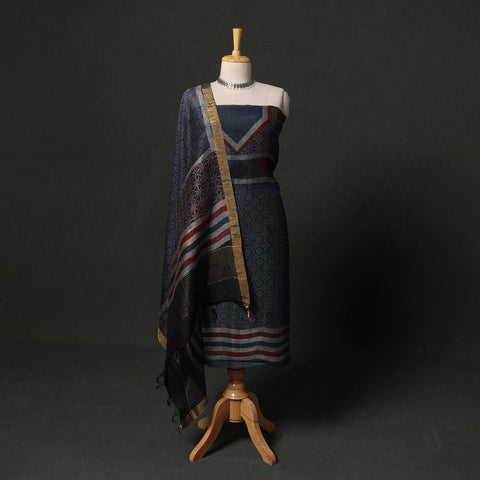 Hand block print linen silk natural dyed ajrakh 2pc