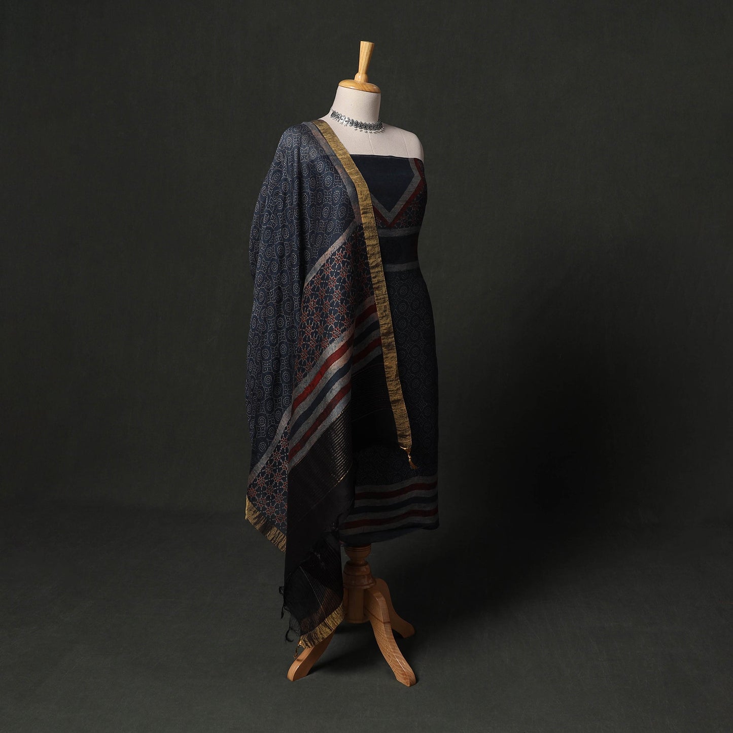 Hand block print linen silk natural dyed ajrakh 2pc