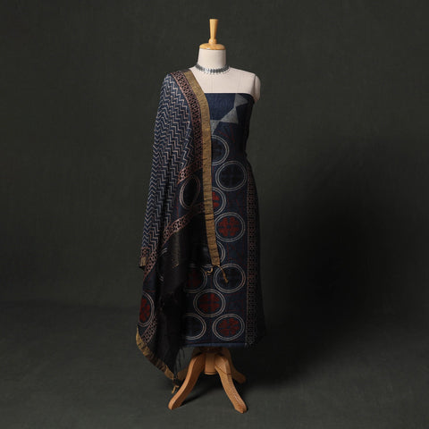 Hand block print linen silk natural dyed ajrakh 2pc