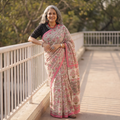 Pink hand block print merino wool Sanganeri saree, draped and worn by a woman, AI visual of the saree, iTokri
