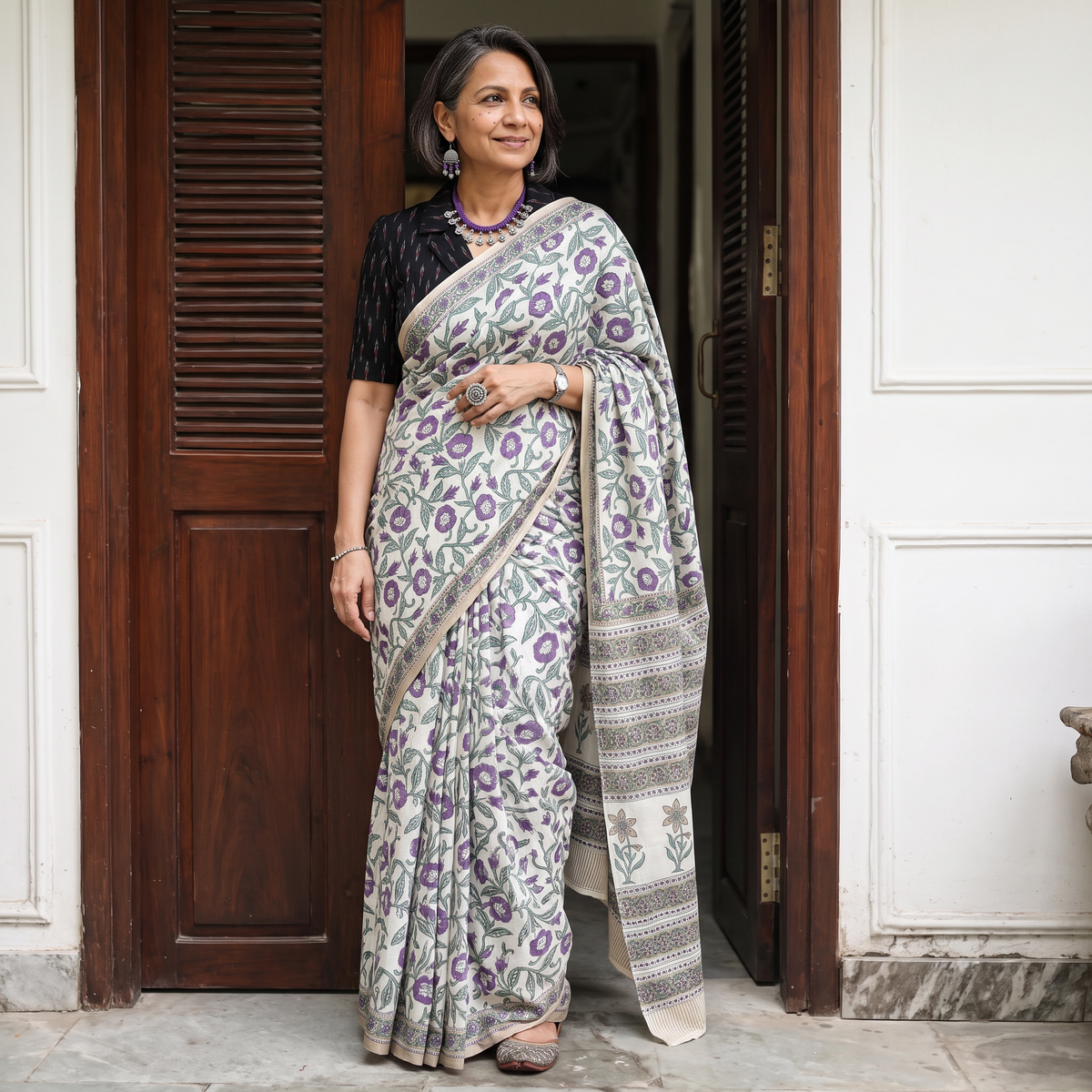 White hand block print merino wool Sanganeri saree, draped and worn by a woman, AI visual of the saree, iTokri