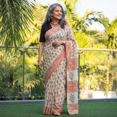 White hand block print merino wool Sanganeri saree, draped and worn by a woman, AI visual of the saree, iTokri
