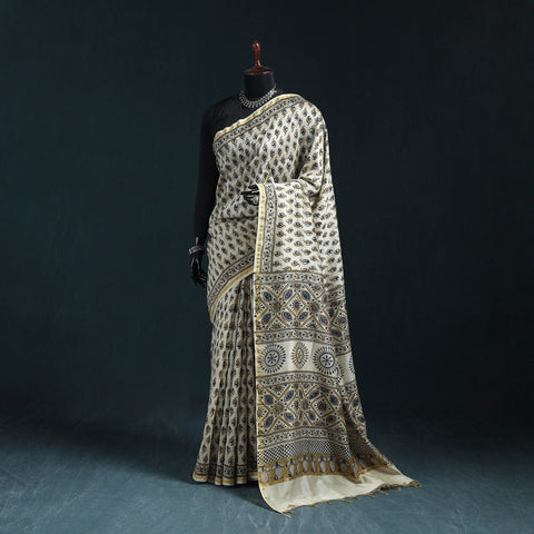 Hand block print natural dyed chanderi silk ajrakh saree 12