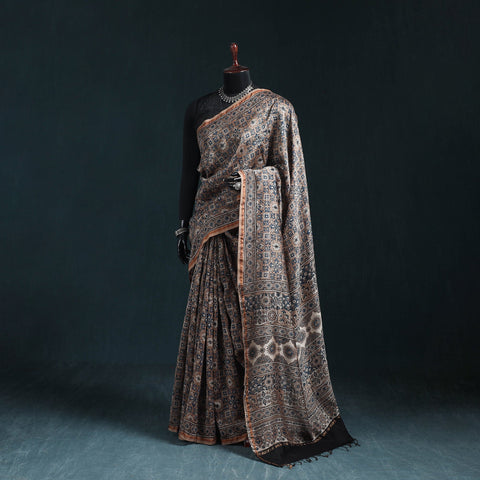 Hand block print natural dyed chanderi silk ajrakh saree 13