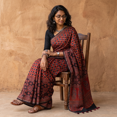 Red Hand Block Print Natural Dyed Chanderi Silk Ajrakh Saree, draped and worn by a woman, AI visual of the saree, iTokri