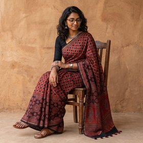 Red Hand Block Print Natural Dyed Chanderi Silk Ajrakh Saree, draped and worn by a woman, AI visual of the saree, iTokri