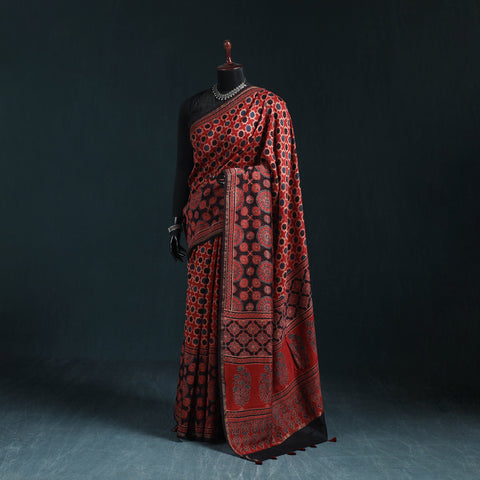 Hand block print natural dyed chanderi silk ajrakh saree 14