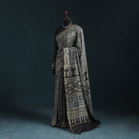 Hand block print natural dyed chanderi silk ajrakh saree 15