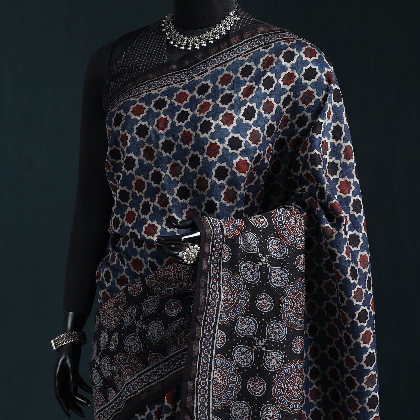 Hand block print natural dyed chanderi silk ajrakh saree 16