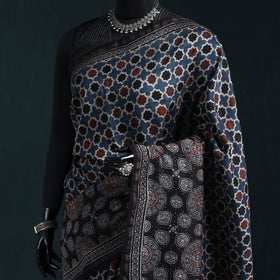 Hand block print natural dyed chanderi silk ajrakh saree 16