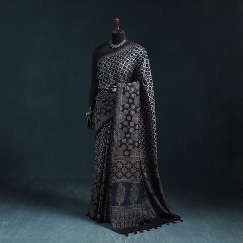 Hand block print natural dyed chanderi silk ajrakh saree 16