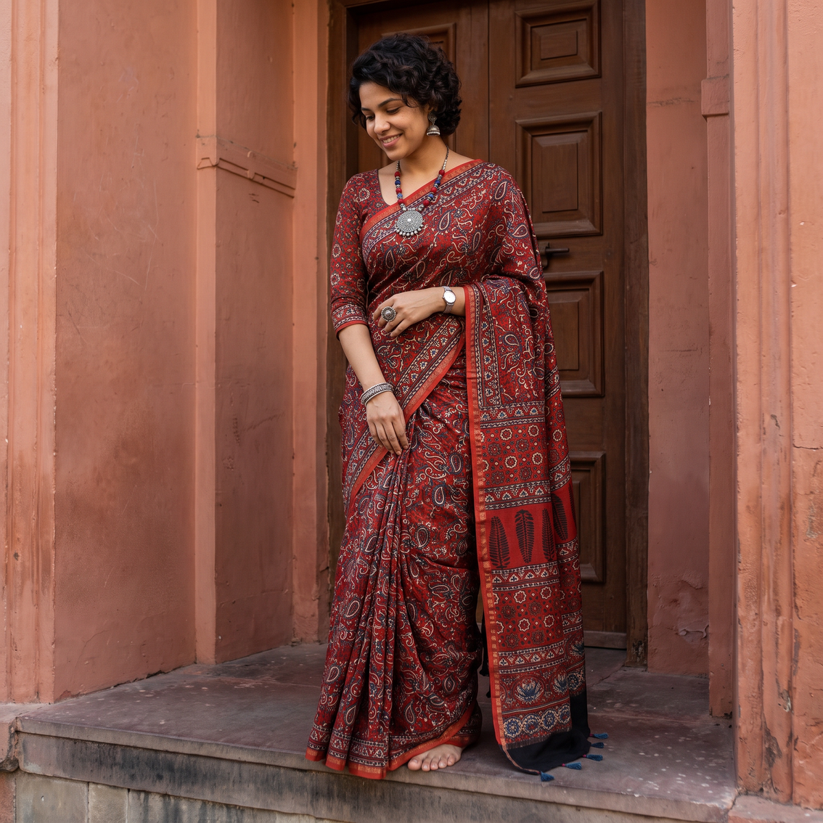 Red Hand Block Print Natural Dyed Chanderi Silk Ajrakh Saree, draped and worn by a woman, AI visual of the saree, iTokri