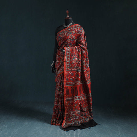 Hand block print natural dyed chanderi silk ajrakh saree 17