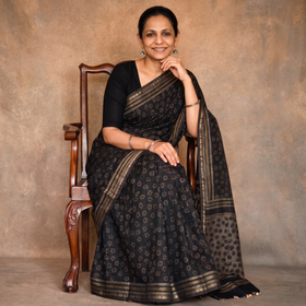 Brown Hand Block Print Natural Dyed Chanderi Silk Akola Saree, draped and worn by a woman, AI visual of the saree, iTokri