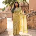 Yellow Hand Block Print Natural Dyed Chanderi Silk Akola Saree, draped and worn by a woman, AI visual of the saree, iTokri