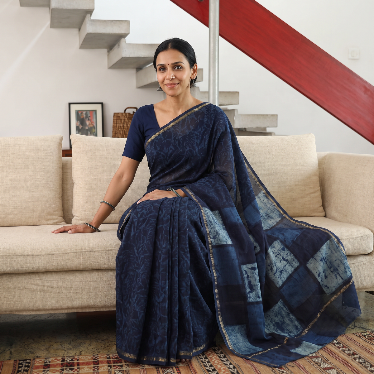 Blue Hand Block Print Natural Dyed Chanderi Silk Akola Saree, draped and worn by a woman, AI visual of the saree, iTokri