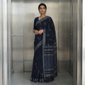 Blue Hand Block Print Natural Dyed Chanderi Silk Akola Saree, draped and worn by a woman, AI visual of the saree, iTokri