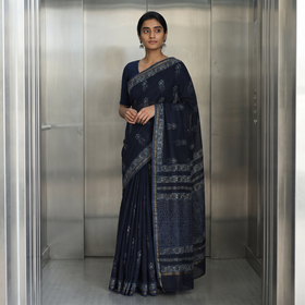 Blue Hand Block Print Natural Dyed Chanderi Silk Akola Saree, draped and worn by a woman, AI visual of the saree, iTokri