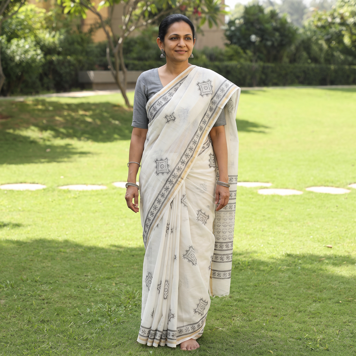 White Hand Block Print Natural Dyed Chanderi Silk Akola Saree, draped and worn by a woman, AI visual of the saree, iTokri