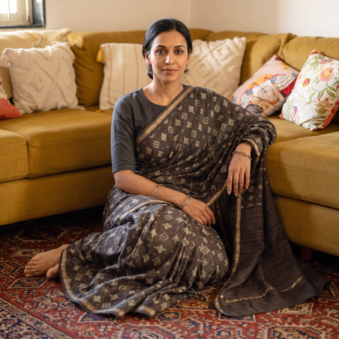 Brown Hand Block Print Natural Dyed Chanderi Silk Akola Saree, draped and worn by a woman, AI visual of the saree, iTokri