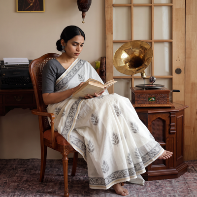 White Hand Block Print Natural Dyed Chanderi Silk Akola Saree, draped and worn by a woman, AI visual of the saree, iTokri