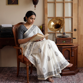 White Hand Block Print Natural Dyed Chanderi Silk Akola Saree, draped and worn by a woman, AI visual of the saree, iTokri