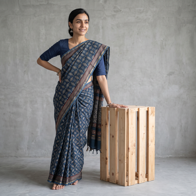 Blue Hand Block Print Natural Dyed Chanderi Silk Akola Saree, draped and worn by a woman, AI visual of the saree, iTokri