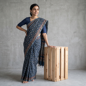 Blue Hand Block Print Natural Dyed Chanderi Silk Akola Saree, draped and worn by a woman, AI visual of the saree, iTokri