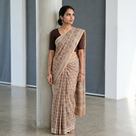 Brown Hand Block Print Natural Dyed Chanderi Silk Akola Saree, draped and worn by a woman, AI visual of the saree, iTokri